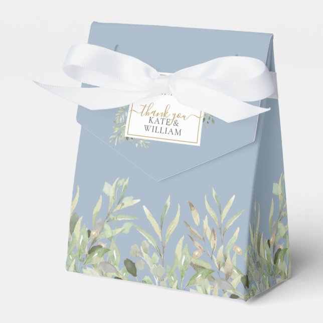 A Sweet Beginning Dusty Blue Greenery Wedding Favor Boxes (Front Side)
