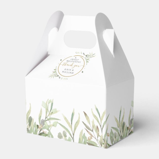A Sweet Beginning Gold Thank You Greenery Wedding Favor Boxes (Front Side)