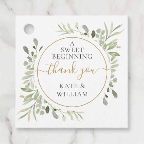 A Sweet Beginning Gold Thank You Greenery Wedding Favor Tags