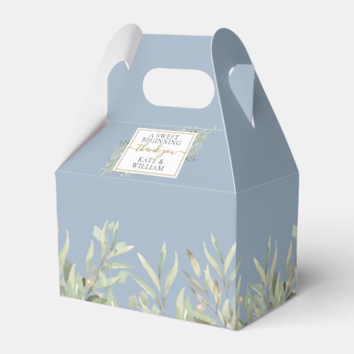 A Sweet Beginning Greenery Dusty Blue Wedding Favor Boxes