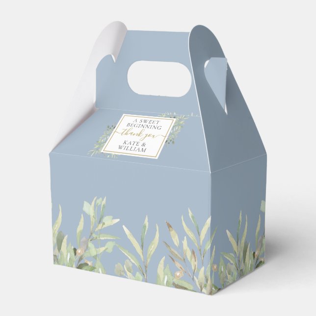 A Sweet Beginning Greenery Dusty Blue Wedding Favor Boxes (Front Side)
