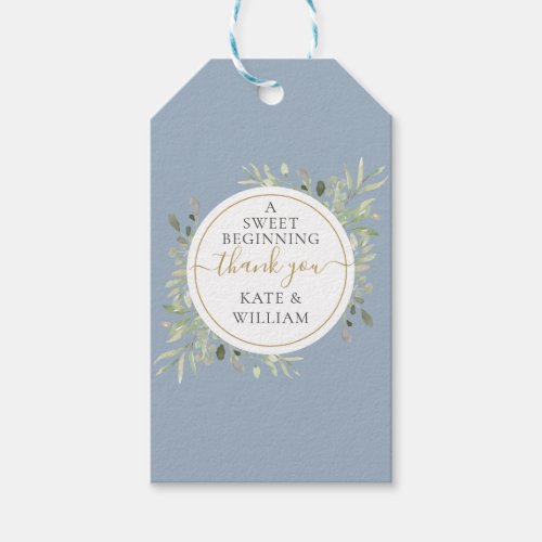 A Sweet Beginning Greenery Wedding Dusty Blue Gift Tags