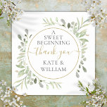 A Sweet Beginning Greenery Wedding Thank You Favor Square Sticker<br><div class="desc">Featuring delicate watercolor greenery leaves,  this chic botanical thank you sticker can be personalized with your special wedding day message and names. Designed by Thisisnotme©</div>