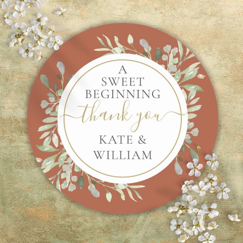 A Sweet Beginning Terracotta Greenery Wedding  Classic Round Sticker