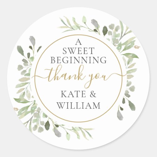 A Sweet Beginning Thank You Greenery Wedding Favor Classic Round Sticker