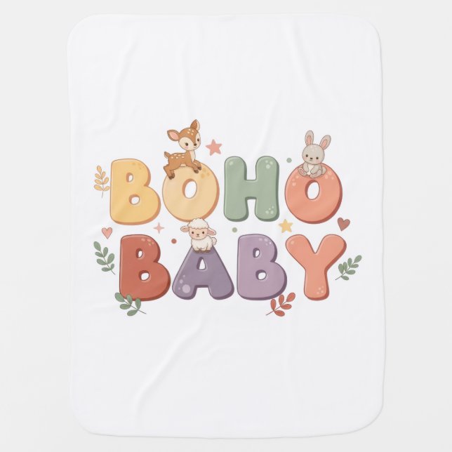 A sweet BOHO BABY blanket with soft, earthy tones (Front)