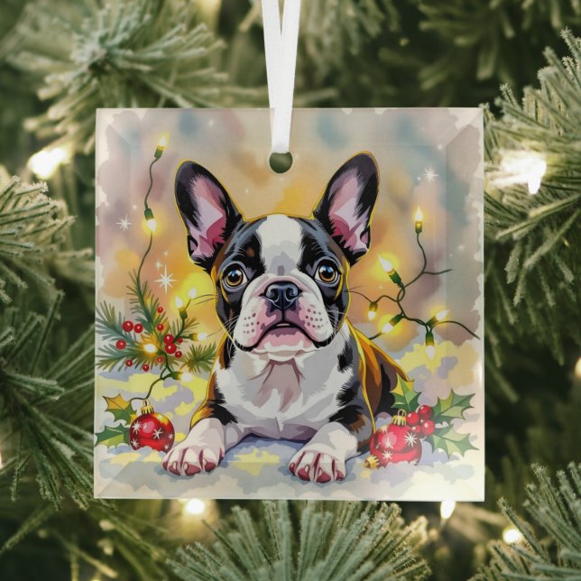A Sweet Boston Terrier Christmas Glass Ornament (Insitu)