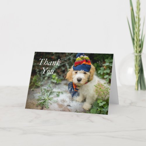 A Sweet Cavachon Puppy In A Winter Hat And Scarf Thank You Card
