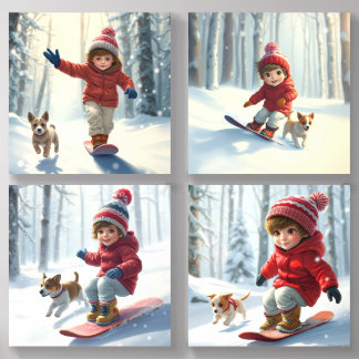 A Sweet Child Snowboarding, Winter Scenery  Acrylic Photo Tile