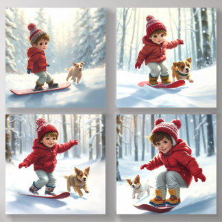 A Sweet Child Snowboarding, Winter Scenery Acrylic Photo Tile