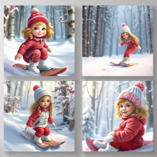 A Sweet Child Snowboarding, Winter Scenery  Acrylic Photo Tile