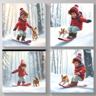 A Sweet Child Snowboarding, Winter Scenery  Acrylic Photo Tile