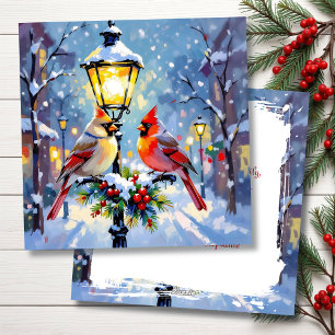 A Sweet Christmas Cardinal Couple on Lamp Post Holiday Card