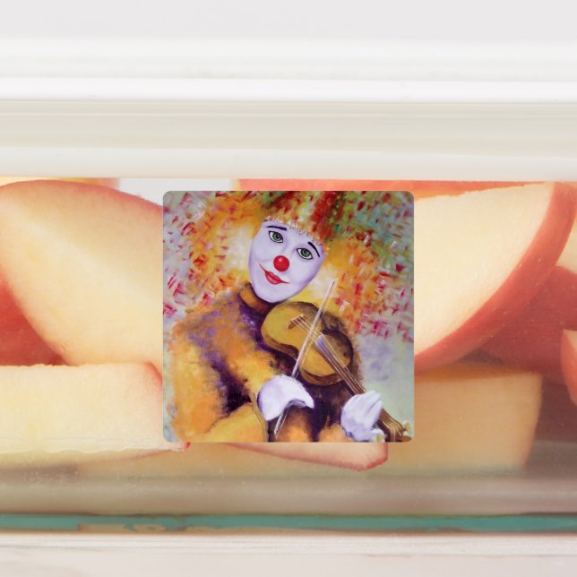 A sweet clown playing the violin labels (Affixed)