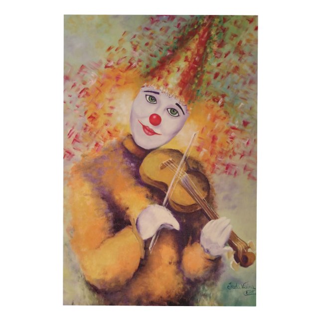 A sweet clown playing the violin wood wall art (Front)