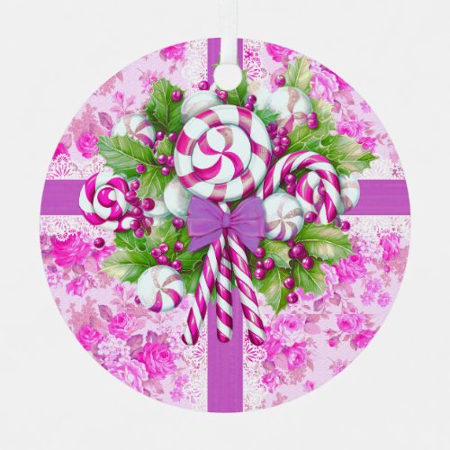 A Sweet Cottage Pink and Purple Christmas Metal Ornament