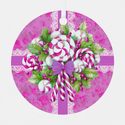 A Sweet Cottage Pink and Purple Christmas Metal Ornament