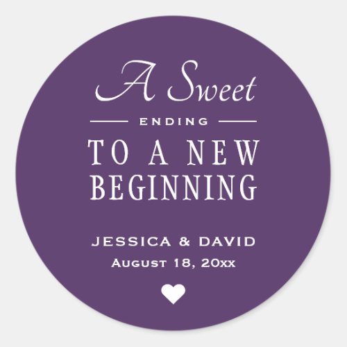 A Sweet Ending Purple Wedding Favor Sticker