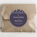 A Sweet Ending to a New Beginning Wedding Classic Round Sticker<br><div class="desc">This a sweet ending to a new beginning wedding classic round sticker is perfect for a simple wedding. The design features white string lights in a purple background.</div>