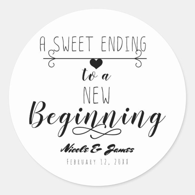 A Sweet Ending to a New Beginning Wedding Favor Classic Round Sticker (Front)