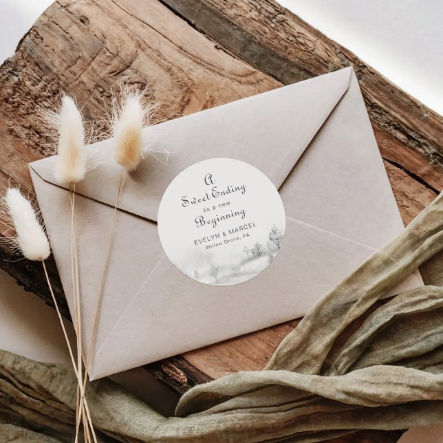A Sweet Ending to A new beginning Winter Wedding  Classic Round Sticker (Creator Uploaded)