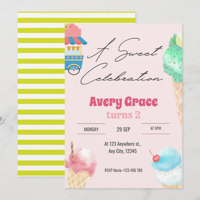A Sweet Icecream Summer Birthday Party Invitation (Front/Back)