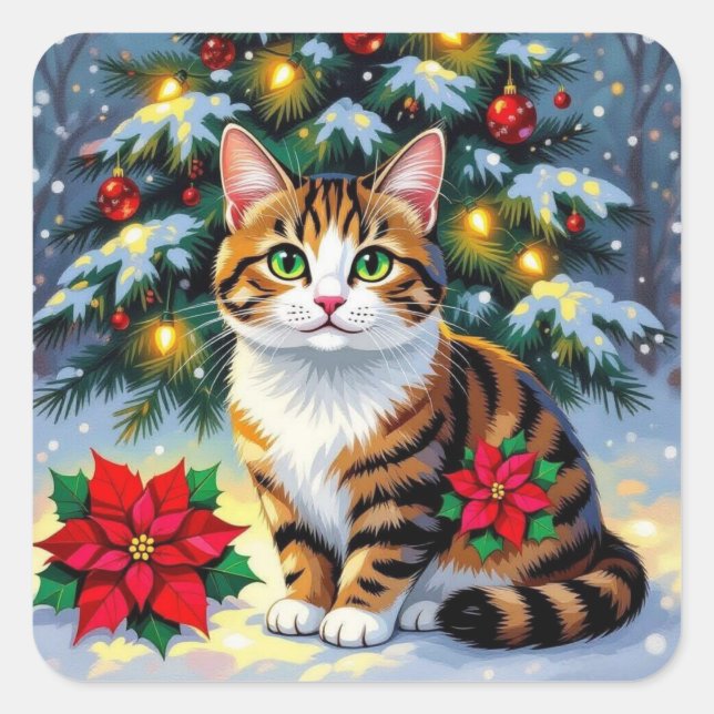 A Sweet Kitty Cat in the Snow Festive Christmas Square Sticker (Front)