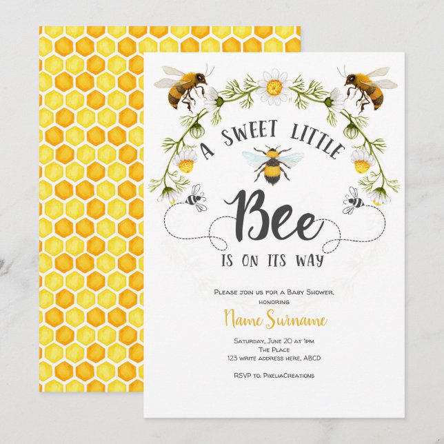 A Sweet Little Bee, Bee baby Shower Invitation (Front/Back)