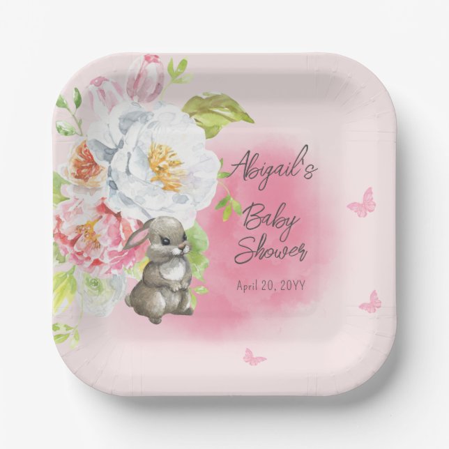 A Sweet Little Bunny Pink Girl Baby Shower  Paper Plates (Front)