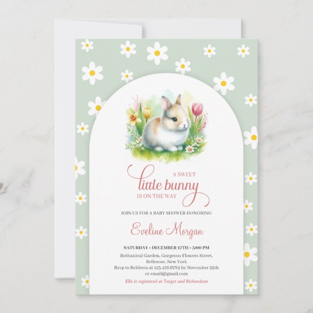 A sweet little bunny with daisies sage pink baby invitation (Front)