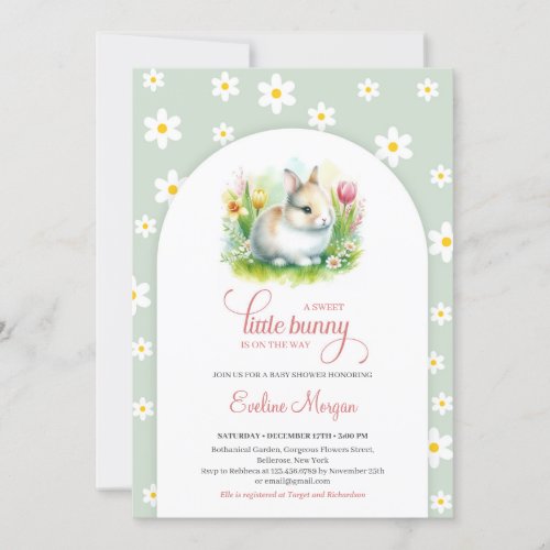 A sweet little bunny with daisies sage pink baby invitation