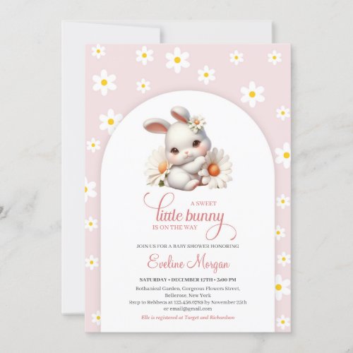 A sweet little bunny with daisies spring pink baby invitation