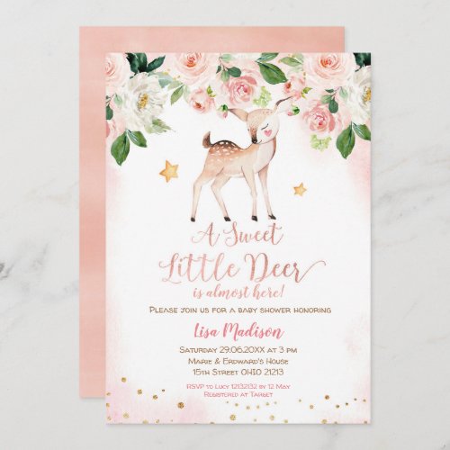 A Sweet Little Deer Pink Flower Baby Shower  Invitation