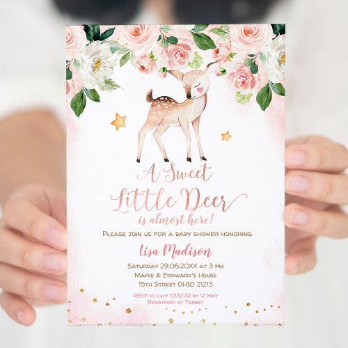 A Sweet Little Deer Pink Flower Baby Shower  Invitation