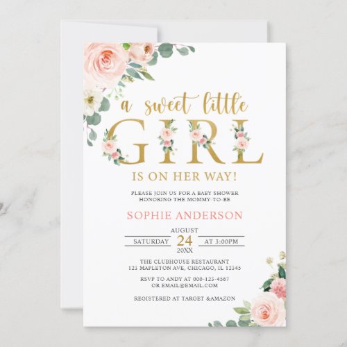 A Sweet Little Girl Blush Gold Floral Baby Shower  Invitation