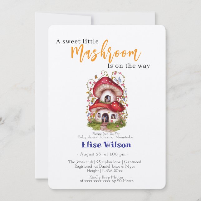 A sweet little mashroom  fairy  is on the way invitation (Front)