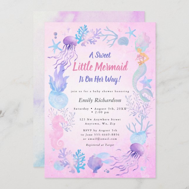 A Sweet Little Mermaid Pastel Girl Baby Shower Invitation (Front/Back)