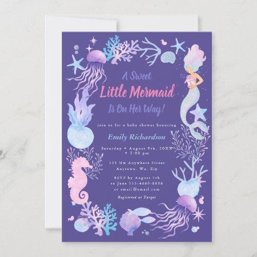 A Sweet Little Mermaid Purple Baby Girl Shower Invitation