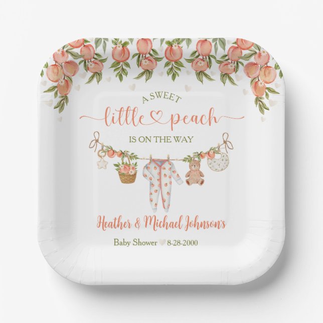 A Sweet Little Peach Clothesline Baby Shower Paper Plates (Front)