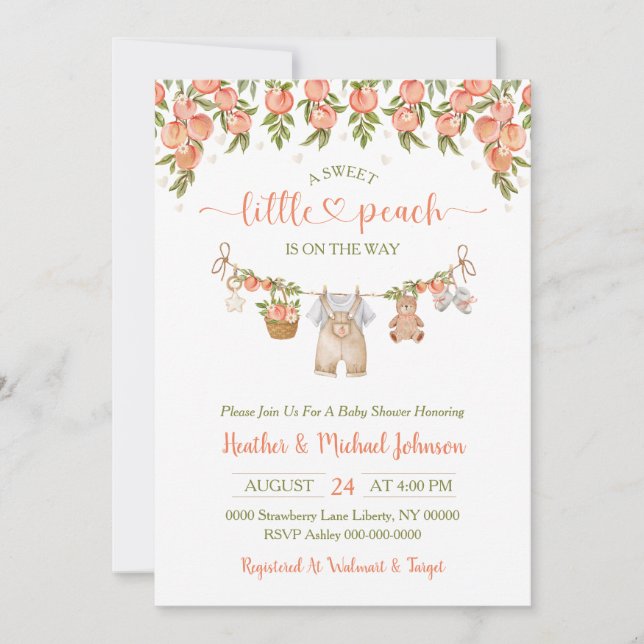 A Sweet Little Peach Clothesline Boy Baby Shower Invitation (Front)