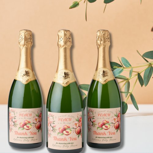 A Sweet Little Peach Summer Floral Baby Shower Sparkling Wine Label