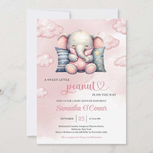 A sweet little peanut cute elephant on cloud invitation (Front)