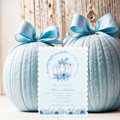 A Sweet Little Pumpkin Bow Blue Baby Shower Invitation