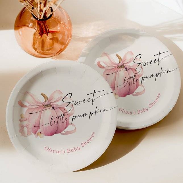 A Sweet Little Pumpkin Pink Bow Baby Shower Paper Plates (Creator Uploaded)