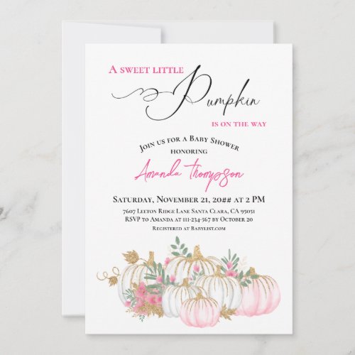 A Sweet Little Pumpkin Pink Greenery Baby Shower Invitation