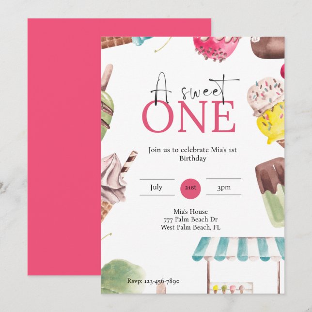 A sweet one Ice cream themed 1st birthday  Invitation (Front/Back)