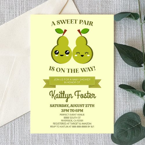 A Sweet Pair Is On The Way Pear Twins Baby Shower Invitation