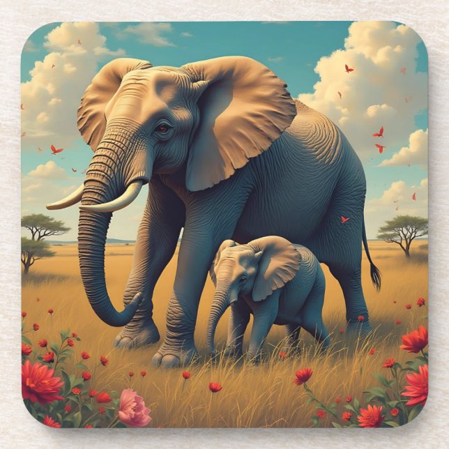 A Sweet Sentimental Mama and Baby Elephant Beverage Coaster (Front)