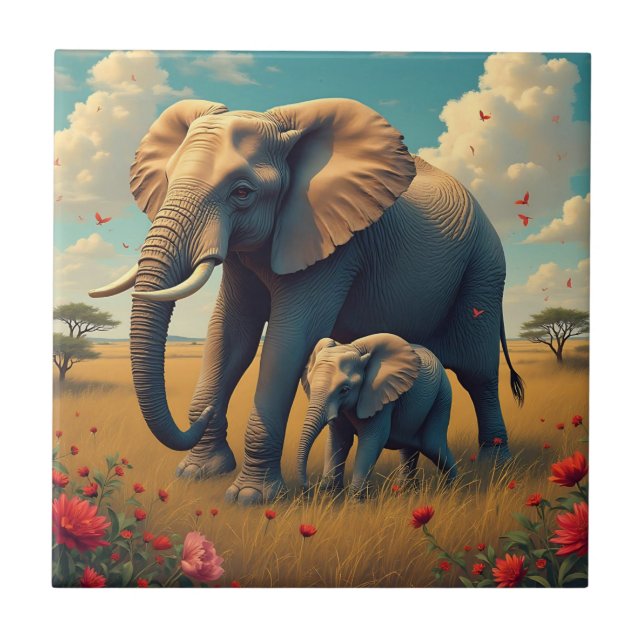 A Sweet Sentimental Mama and Baby Elephant Ceramic Tile (Front)