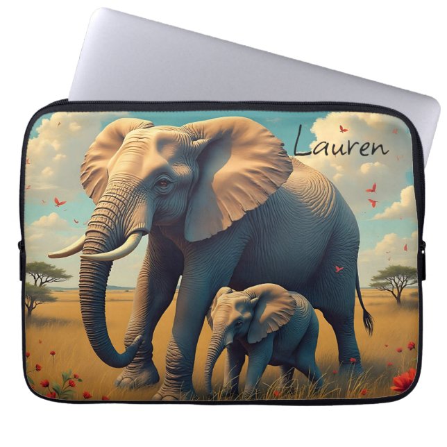 A Sweet Sentimental Mama and Baby Elephant Laptop Sleeve (Front)